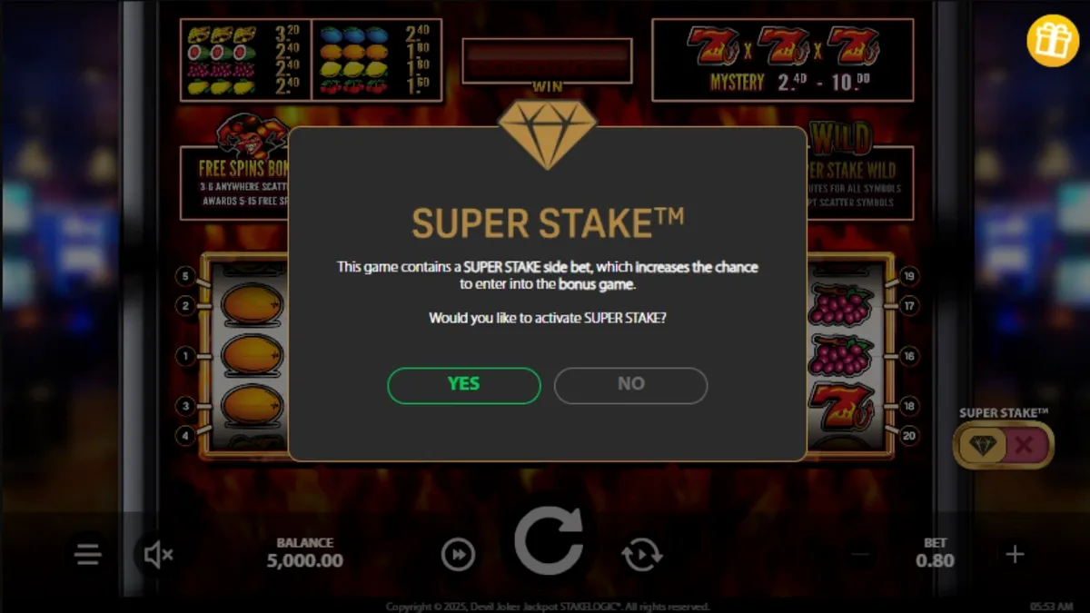 Devil Joker Jackpot slot machine interface na may maapoy na tema