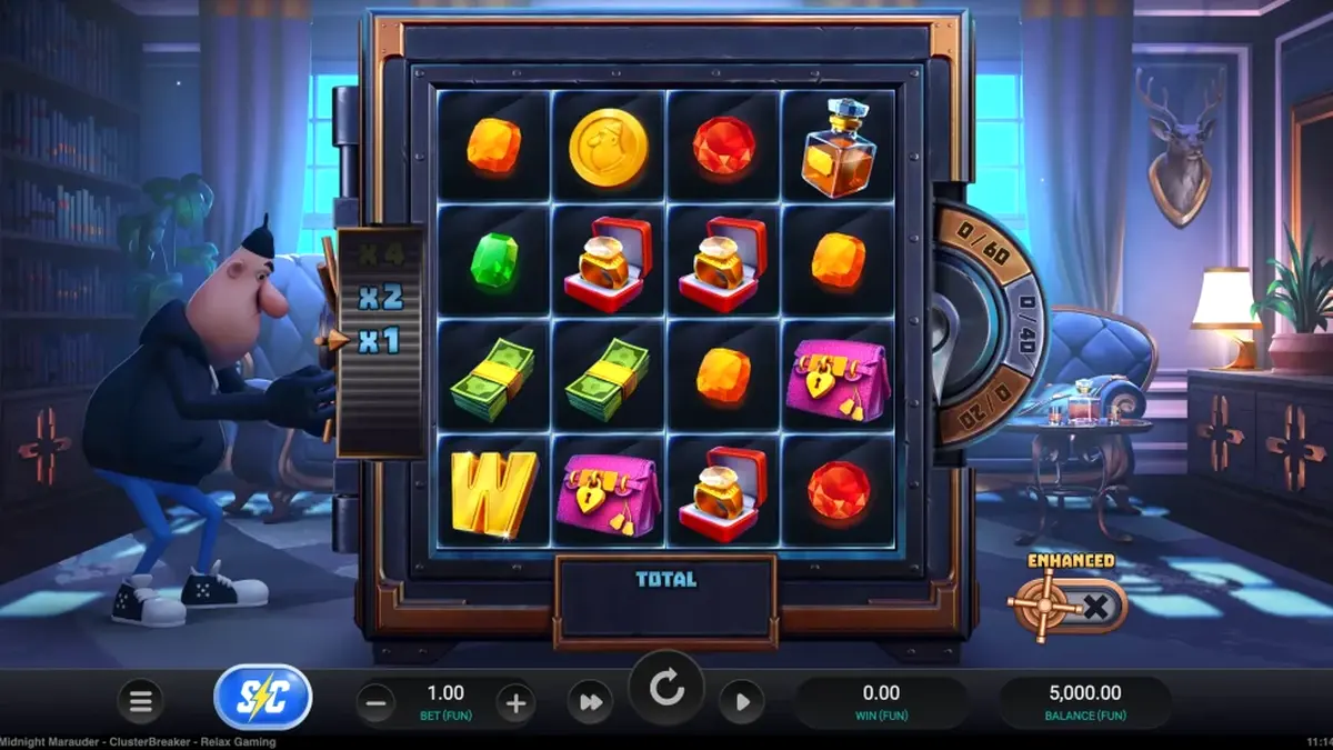 Isang visual na representasyon ng Midnight Marauder Clusterbreaker slot na nagpapakita ng heist theme.