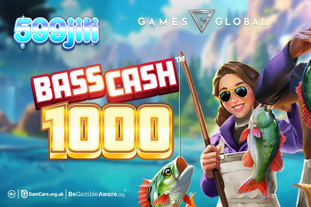 Isang makulay na eksena sa pangingisda na nagpapakita ng mga simbolo ng isda at mga bonus feature sa Bass Cash 1000.